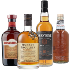 Drambuie whiskylikeur, Aerstone sea- of landcask whisky, Bols corenwijn, Monkey shoulder of Naked